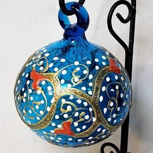 Beautiful Blue Blown Glass Christmas Ornament with Accents of Gold-Red-White